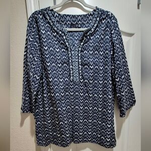 Saks Fifth Avenue BLUE Printed Boho Peasant Blouse Cotton Size Large EUC